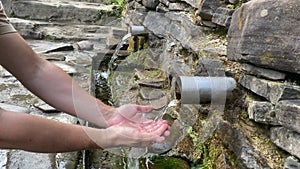 hands picking spring mountain water. man drink water from the spring that flows from the rock among the vegetation in