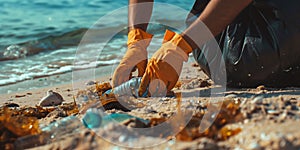 Hands picking up plastic trash on beach. AI generated