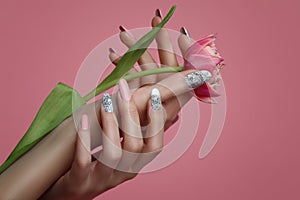 Hands With pink Manicure On pink Background. Close Up Of Female Hands With Trendy pink Nails with spring flower
