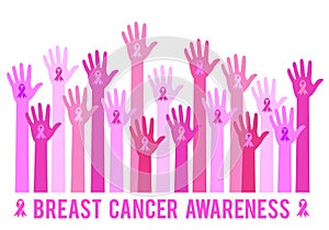 Hands with pink ribbon signs, breast cancer awareness, vector