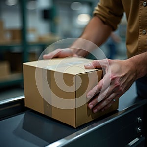 Hands Placing Box on Conveyor Belt