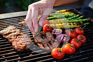 hands placing vegetables beside grilled seitan steak