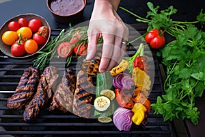 hands placing vegetables beside grilled seitan steak