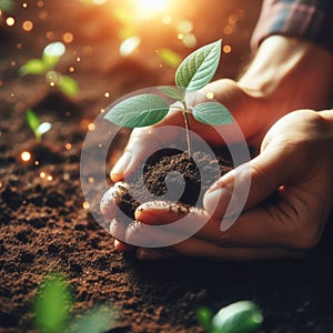 Hands planting a seedling into the ground