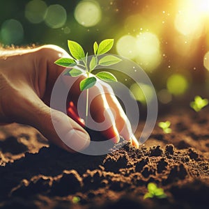 Hands planting a seedling into the ground