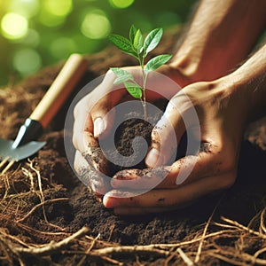 Hands planting a seedling into the ground