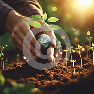 Hands planting a seedling into the ground