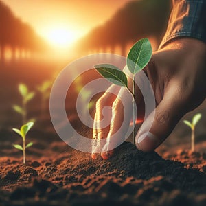 Hands planting a seedling into the ground