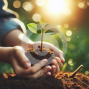 Hands planting a seedling into the ground