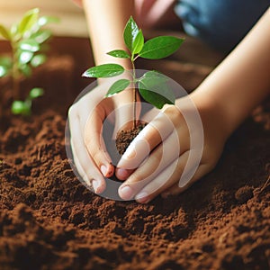 Hands planting a seedling into the ground