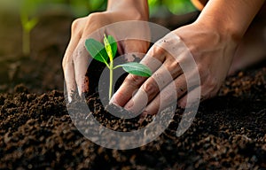 Hands planting the seedlings into the soil. Closeup of hands planting a young plant in soil