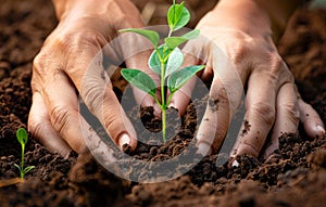 Hands planting small green plant in the soil