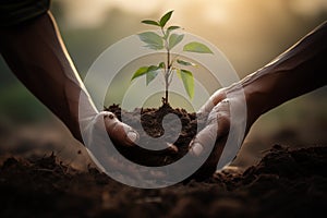 Hands Planting a tree into a fresh soil