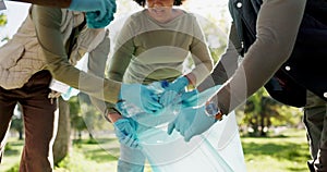 Hands, plastic bag or people in park for bottle, waste management or recycling in community service. Cleaning, teamwork