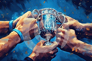hands of players on cup Manchester city winnning champions league illustration generative ai photo