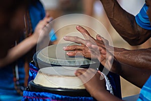 Hands playing atabaque. musical rhythm. African music