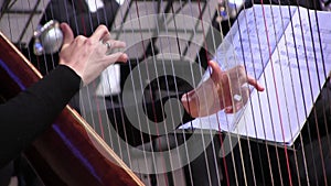 Hands playing harp strings
