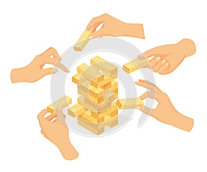 Hands playing tower balance. Jenga game concept, hand stacking wooden brick or wood block of toy towers building