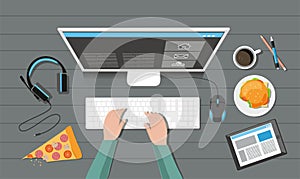 Hands playing video game on computer game with gaming gear.