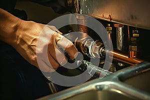 Hands of plumber assembling sink pipes, close up