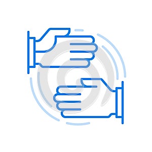 Hands point left and right vector line icon. Shows direction of movement instructions and location.