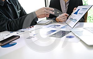 Hands pointing, Businessman discussing business strategy Collaborate as a team during discussions on financial and marketing