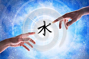 Hands pointing confucianism symbol with blue universe background