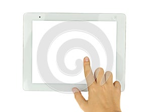 Hands pointing at modern tablet PC photo