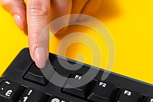 Hands Pointing Pressing Computer Keyboard Keys Typewriting New Ideas. Palm Fingers Tapping Typing Fresh Thoughts Using