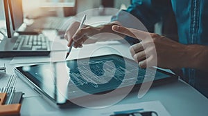 Hands Pointing to Dynamic Data on Tablet Screen