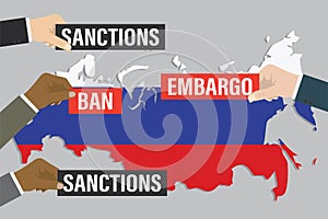 Hands of politicians hold posters with inscriptions - ban, embargo, sanctions. Russian flag on background. Economic and political
