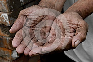 Hands poor poverty elder man begging you for help. Concept hunge