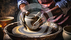 Hands of Potter Making Clay Pot with a Pottery Wheel - Generative Ai