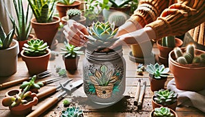 Hands potting a succulent into a creatively painted mason jar.