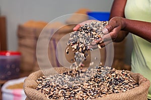 Hands Pouring The Beans In The Sack Cereals In Nairobi City County Kenya East Africa