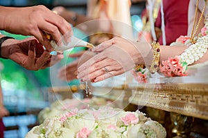 Hands pouring blessing water into bride`s bands, Thai wedding.