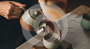 Hands pouring hot tea from a ceramic teapot into a cup