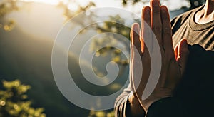 Prayer Hand Gesture Held Outdoors, Sunlight Filtering Through Trees, Natural Background-(AI Generated)