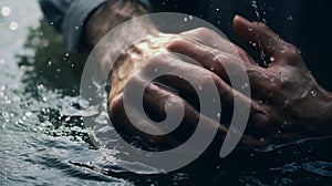 Hands praying in water at christian baptism