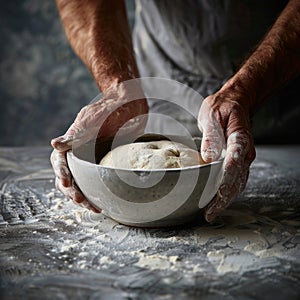 Hands preparing dough closeup, dough in a bowl on rustic kitchen table, hands making pizza, bread