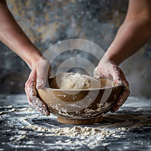 Hands preparing dough closeup, dough in a bowl on rustic kitchen table, hands making pizza, bread