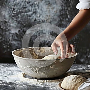 Hands preparing dough closeup, dough in a bowl on rustic kitchen table, hands making pizza, bread