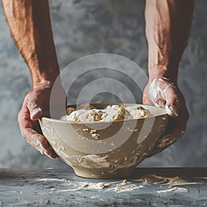 Hands preparing dough closeup, dough in a bowl on rustic kitchen table, hands making pizza, bread