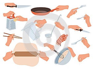 Hands preparing food. Cooking utensils in female hands, restaurant kitchen objects. Cutlery, culinary and baking