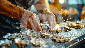 Hands Preparing Fresh Seafood at Market Stall