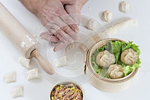Hands preparing homemade dim-sum asian dumplings buns
