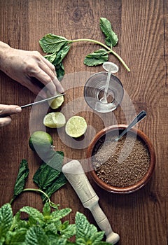 Hands preparing mojito cocktail