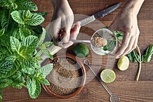 Hands preparing mojito cocktail