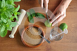 Hands preparing mojito cocktail