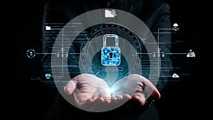 Hands Holding Digital Lock with Data Security Symbols and Technology Icons Representing Cybersecurity and Protection